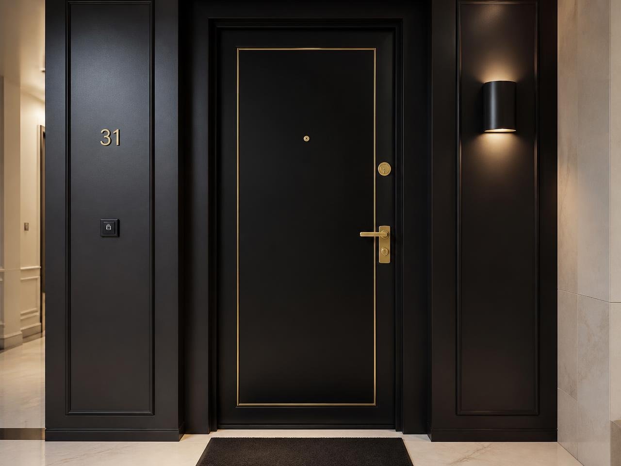 Porte blindée noire avec finition laiton doré